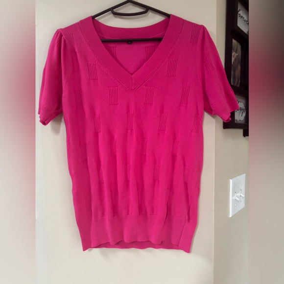 Vibrant Pink Knit Textured V-Neck Top - Picture 2 of 6
